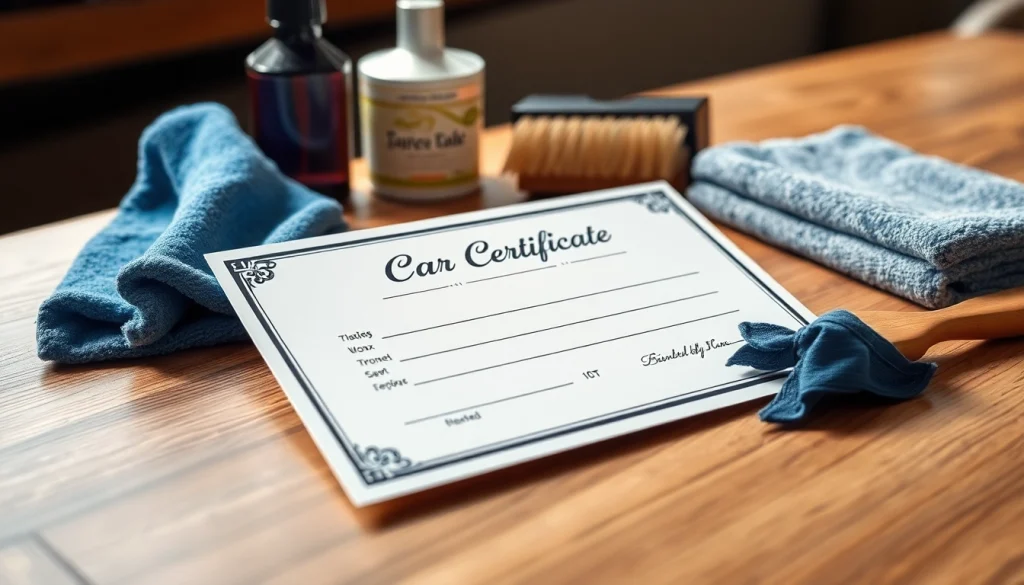 Gift certificate for car detailing services featuring vibrant branding and luxury design elements.