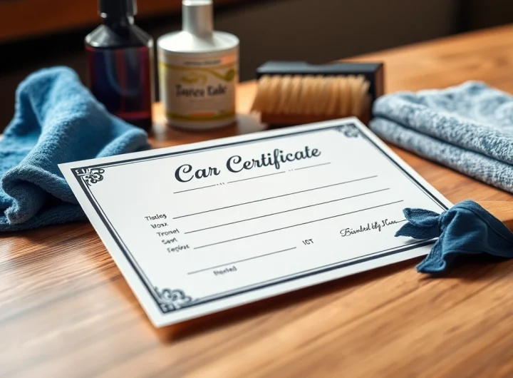 Gift certificate for car detailing services featuring vibrant branding and luxury design elements.
