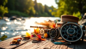 Showcase of fly fishing accessories including vibrant flies and reels on a rustic table.