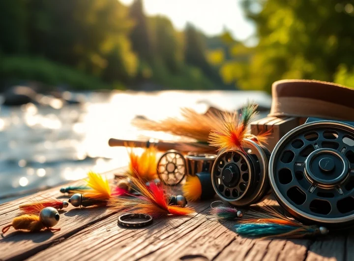 Showcase of fly fishing accessories including vibrant flies and reels on a rustic table.