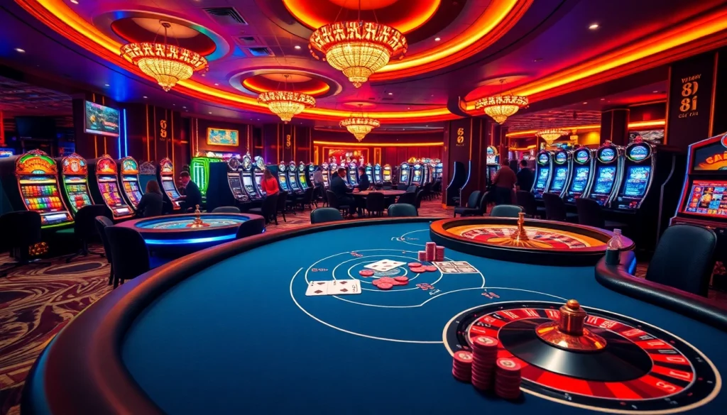 Exciting casino scene showcasing 88i-themed tables with poker chips and cards.