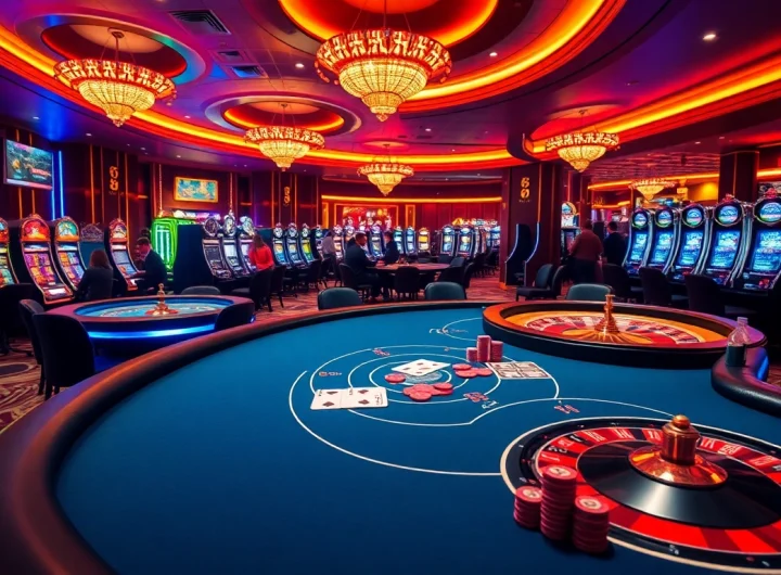Exciting casino scene showcasing 88i-themed tables with poker chips and cards.