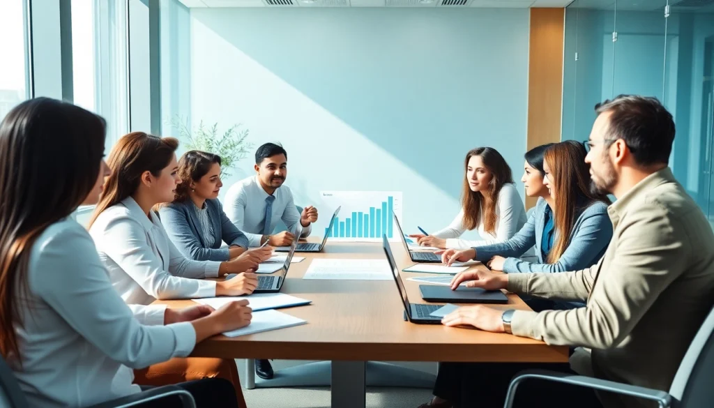 Crafting growth strategy trends with diverse professionals in a modern office setting.