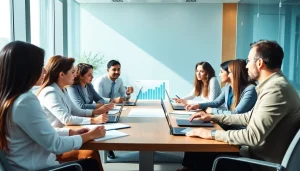 Crafting growth strategy trends with diverse professionals in a modern office setting.