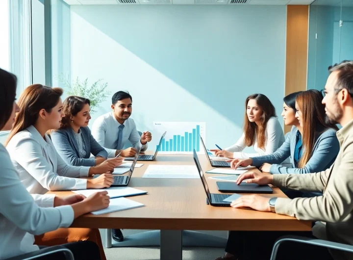 Crafting growth strategy trends with diverse professionals in a modern office setting.