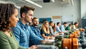 Students learning at a Trade School Knoxville TN, showcasing hands-on engagement and instructor interaction.