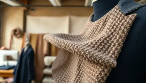 Verken de rijke texturen van boucle stof met gedetailleerd geweven ontwerp.