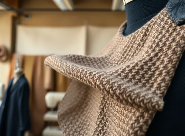 Verken de rijke texturen van boucle stof met gedetailleerd geweven ontwerp.