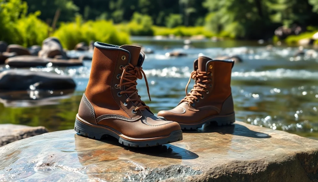 Showcasing durable Fly fishing boots on wet rocks by a river, demonstrating their traction and design.