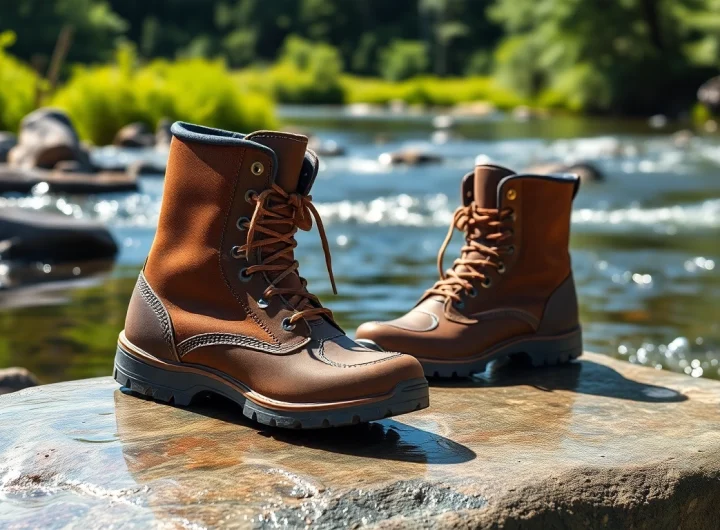 Showcasing durable Fly fishing boots on wet rocks by a river, demonstrating their traction and design.