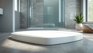 Stylish shower base showcased in a contemporary bathroom, highlighting smooth finishes and modern design.