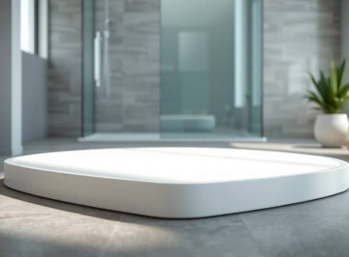 Stylish shower base showcased in a contemporary bathroom, highlighting smooth finishes and modern design.
