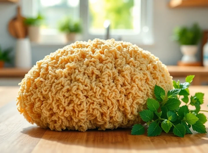Cleaning a kitchen loofah scrubber with natural fibers on a wooden countertop.