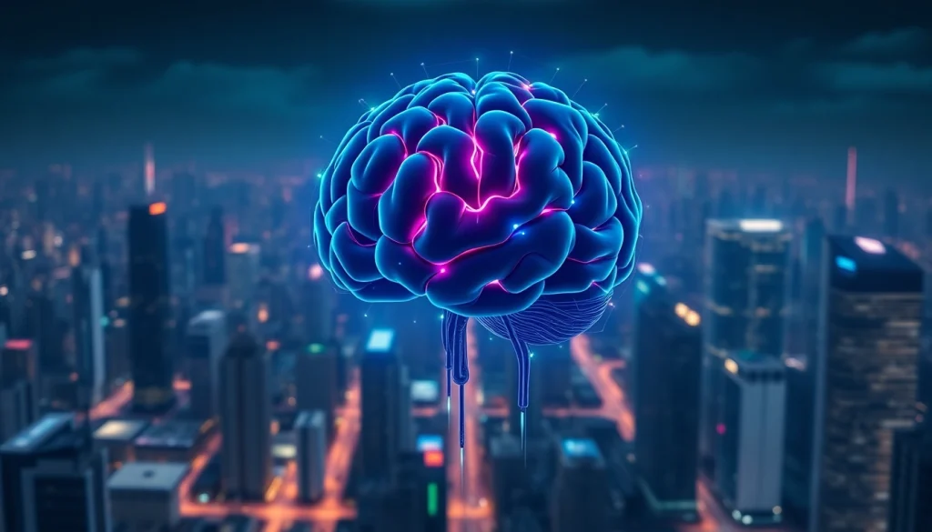 Obraz przedstawiający suwerenność AI z futurystycznym miastem oraz intelektualnym połączeniem danych.