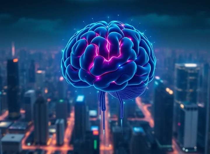 Obraz przedstawiający suwerenność AI z futurystycznym miastem oraz intelektualnym połączeniem danych.