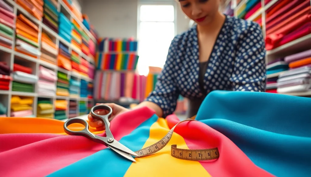 Stof voor blouse in een kleurrijke stoffenworkshop met een focus op naaimateriaal.