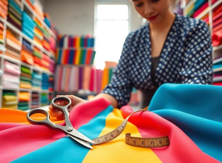 Stof voor blouse in een kleurrijke stoffenworkshop met een focus op naaimateriaal.