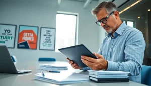 Analyzing contract management documents in a bright office setting for efficiency.