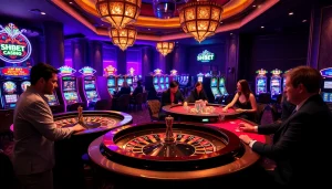 Exciting SHBET casino scene with roulette wheel and engaged players at poker tables.