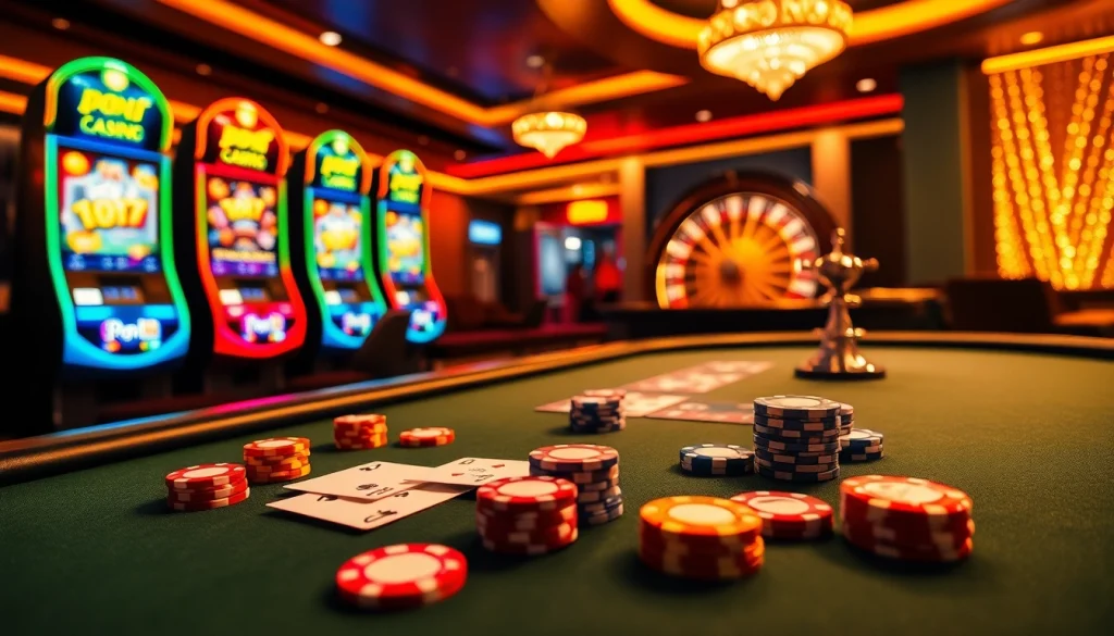 Vivez l'excitation du casino en ligne avec des tables de poker vibrantes et des machines à sous dans un cadre luxueux.