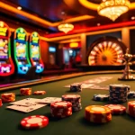 Vivez l'excitation du casino en ligne avec des tables de poker vibrantes et des machines à sous dans un cadre luxueux.