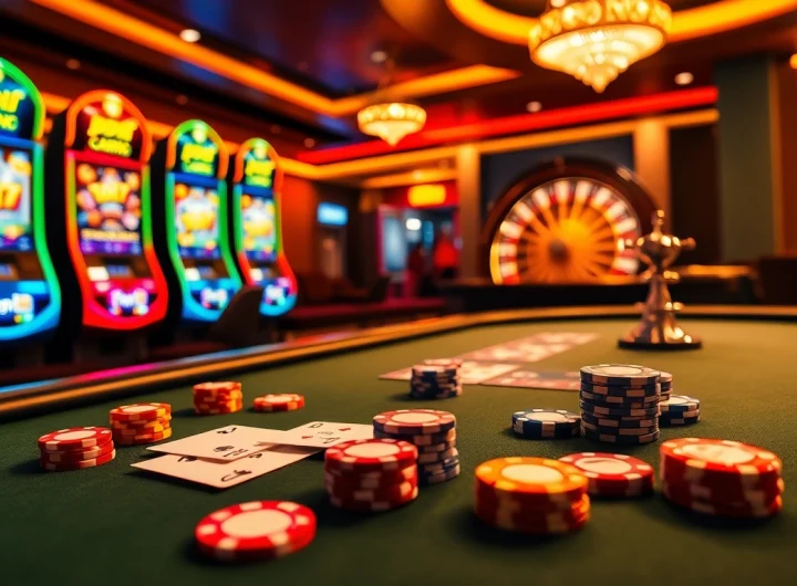 Vivez l'excitation du casino en ligne avec des tables de poker vibrantes et des machines à sous dans un cadre luxueux.