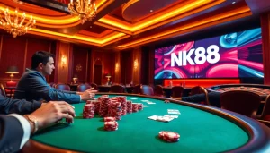 Experience the thrill of NK88 with an engaging poker scene highlighting intense play and strategic betting.