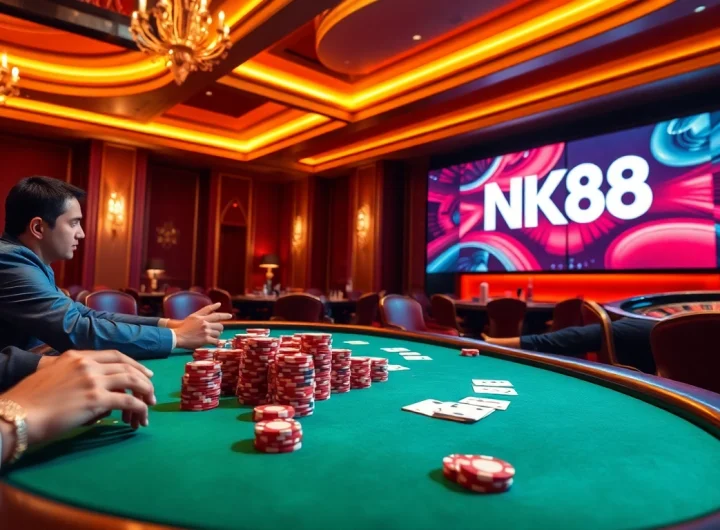 Experience the thrill of NK88 with an engaging poker scene highlighting intense play and strategic betting.