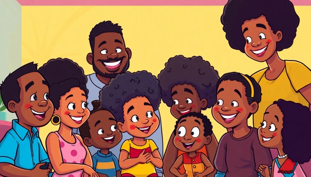 A colorful illustration of diverse animated characters inspired by African American cartoons, highlighting joy and creativity.