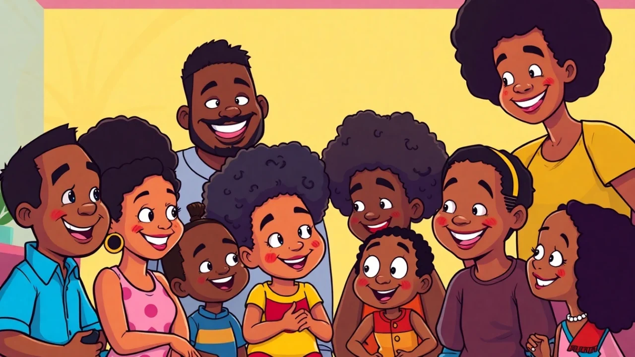 A colorful illustration of diverse animated characters inspired by African American cartoons, highlighting joy and creativity.