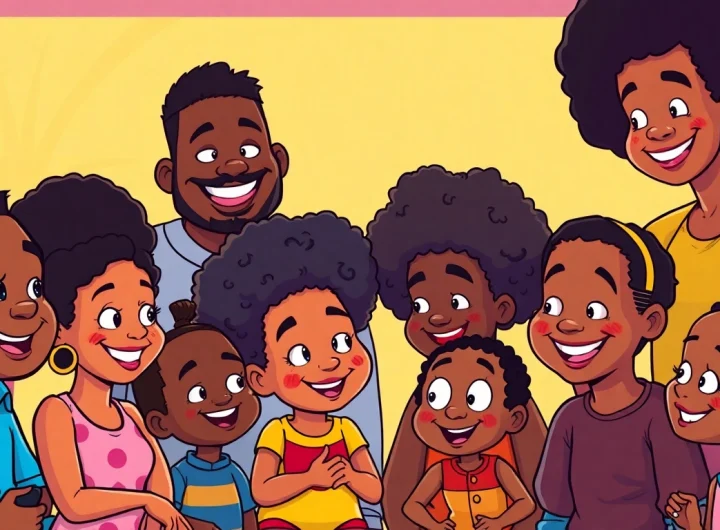 A colorful illustration of diverse animated characters inspired by African American cartoons, highlighting joy and creativity.
