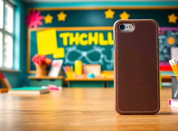 Handytasche Lehrer im Klassenzimmer für eine attraktive Präsentation, die Bildungsthemen betont.