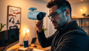 Cámaras Dahua instalándose expertamente en un moderno entorno de oficina por un técnico profesional.