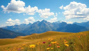 Vibrant landscapes with rolling hills and wildflowers create a serene outdoor escape.