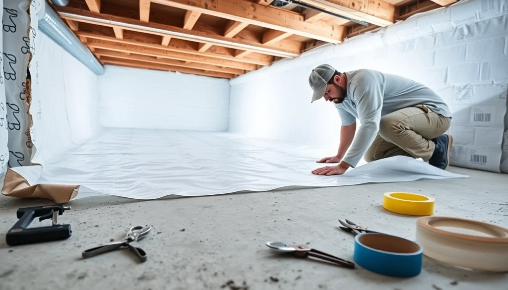 Vapor Barrier Installation process showcasing a worker laying down a durable, white polyethylene barrier.