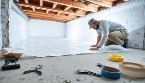 Vapor Barrier Installation process showcasing a worker laying down a durable, white polyethylene barrier.