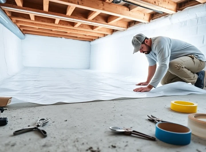 Vapor Barrier Installation process showcasing a worker laying down a durable, white polyethylene barrier.