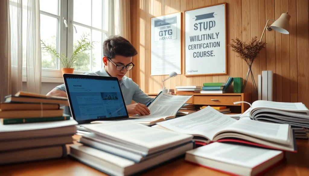 Focused student preparing to pass IT certification exams in a bright study area.