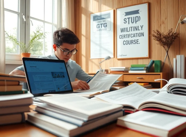 Focused student preparing to pass IT certification exams in a bright study area.