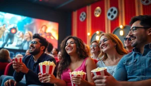 ดูหนัง ในโรงภาพยนตร์ที่เต็มไปด้วยผู้คนสนุกสนานและมีความสุข