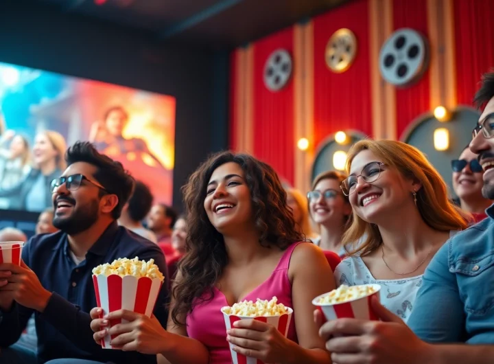 ดูหนัง ในโรงภาพยนตร์ที่เต็มไปด้วยผู้คนสนุกสนานและมีความสุข