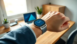 Showcasing the Finesse Smart Watch with elegant design on a wrist in a modern workspace.