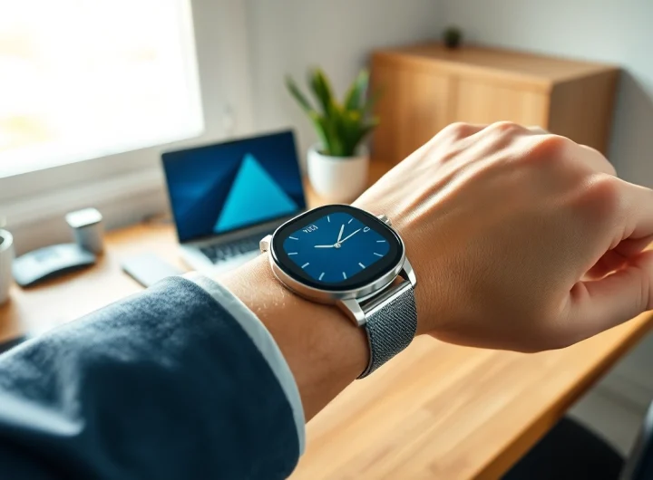 Showcasing the Finesse Smart Watch with elegant design on a wrist in a modern workspace.