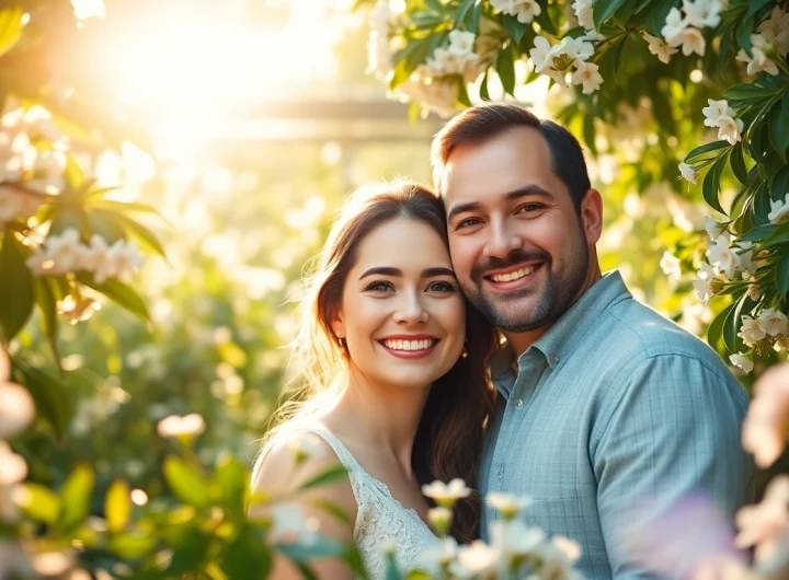 Capture light & airy photography showcasing a couple surrounded by pastel flowers in natural sunlight.