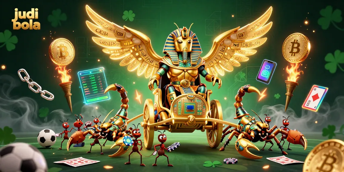 Bet on judi bola with a dynamic digital illustration featuring a golden scarab, scorpions, and crypto coins.