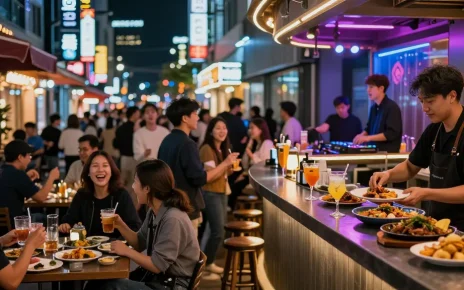Experience the vibrant nightlife at 상봉동 한국관나이트 with lively crowds, delicious food, and energetic atmosphere.