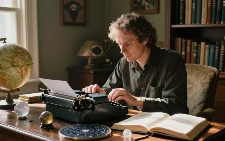 T Allen Greenfield engaging with spiritual and esoteric themes at https://tallengreenfield.com in a cozy home study with vintage decor.