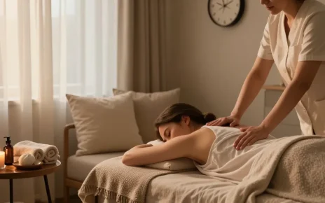 남양주출장안마 in a calming home massage scene, with a therapist and cozy atmosphere.
